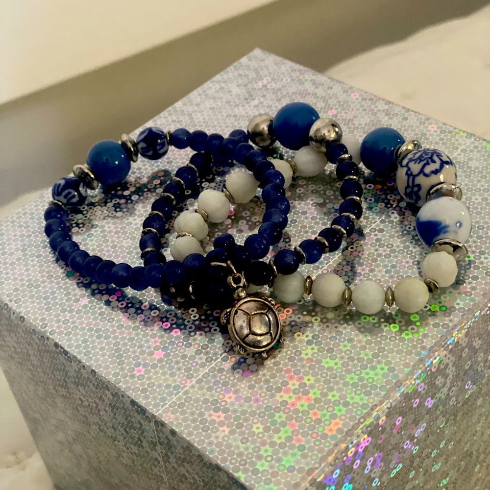 Silver Blue and White Beaded Bracelet Set
